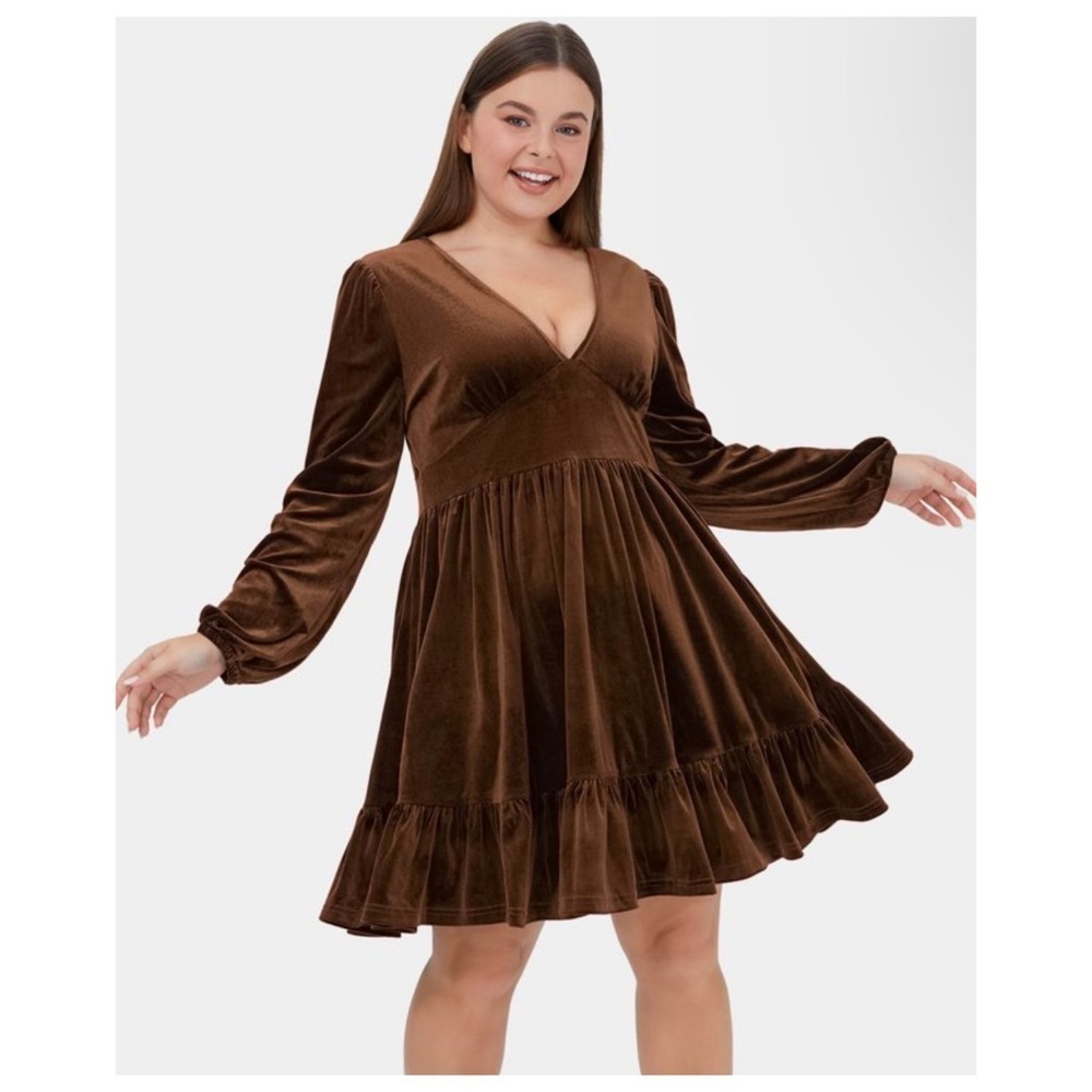 Halara Everyday V-Neck Long Sleeve Ruffle Velvet Mini Chill Dress Brown | 1X